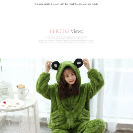 Jielur Warm Women Pajama Sets Winter Lady Long Sleeve Shirt+Pants Home suit Hooded Cartoon Print Thick Pijama Feminino