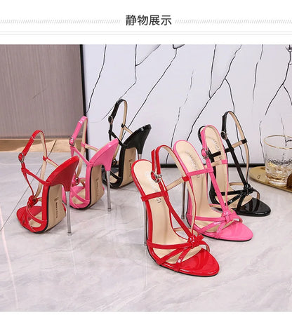 New 16CM Sexy Thin Strap Lady Sandals Large-Size Women Metal Stiletto Shoes Show Model Party Summer Ankle Back Strap High Heels