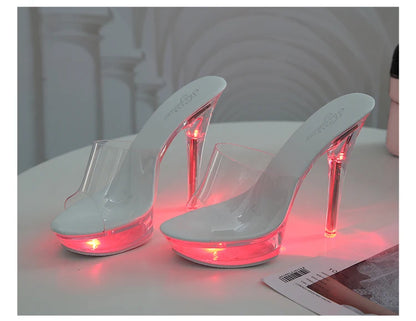 Light Up Glowing Shoes Woman Luminous Clear Sandals Women Platform Shoes LED 13cm High Heel Transparent Stripper Heels Shoes