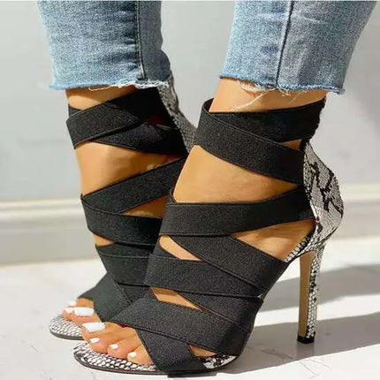 Décolleté Scarpe sexy da festa Scarpe da ballo Scarpe estive con serpente Décolleté da donna Tacchi alti e sottili Gladiatore con strass a punta