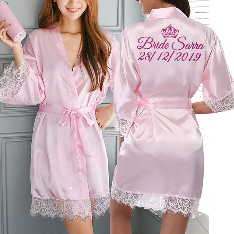 Data personalizzata Nome Kimono in pizzo Abito da donna Matrimonio Sposa Abiti da damigella d'onore Addio al nubilato Preparewear
