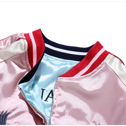 Double Sided Satin Baseball Jacket Women Sukajan Jacket Female Girls Embroidery Coat 2026 Spring Autumn Pink Z1A1