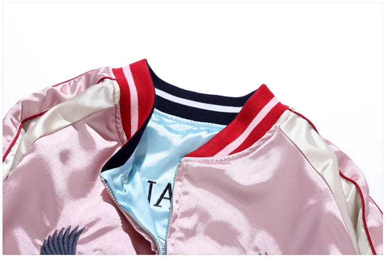 Double Sided Satin Baseball Jacket Women Sukajan Jacket Female Girls Embroidery Coat 2026 Spring Autumn Pink Z1A1