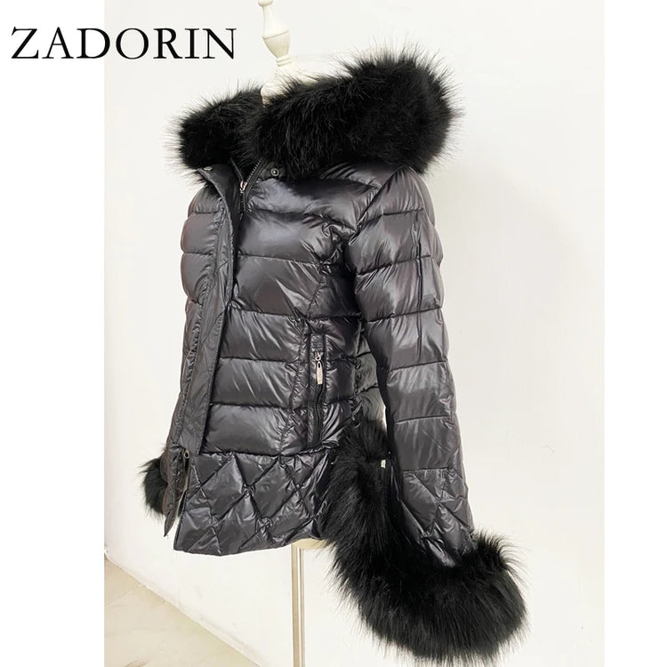 ZADORIN 2025 Trend White Duck Down Patchwork Faux Fur Jacket Women Winter Warm Big FAUX Raccoon Fur Hood Women Faux Fur Coat