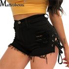 Nuovi Shorts Estivi in Denim Nero Strappato con Frange e Lacci, Casual con Tasche, per Donna - Hot Sale