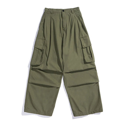 Multi-Pocket Cargo Pants Mens Safari Style Solid Color Pleated Loose Straight-leg Pants Elastic Waist Casual Trousers Men