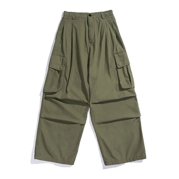 Multi-Pocket Cargo Pants Mens Safari Style Solid Color Pleated Loose Straight-leg Pants Elastic Waist Casual Trousers Men