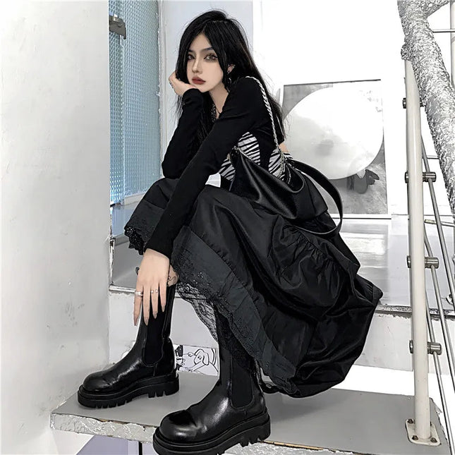 Y2k Gothic Tulle Pleated Skirt Black Lace Stitching Irregular Midi Skirt Women Vintage High Waist Long Skirt Korea Solid Hip Hop PlatiNum