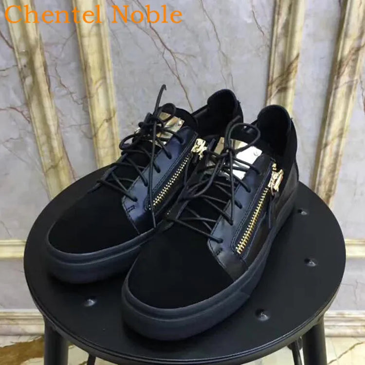 Brand Chentel Flock Leather Spring Men Casual Shoes Party Shoes Men Flats Sneakers Zipper Lace-Up Unisex High Quality Male Black