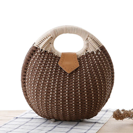 Women's Handmade Round Woven Natural Rattan Handbag Shoulder Bag Summer Beach Bag with Casual Bohemia Women's Clutch