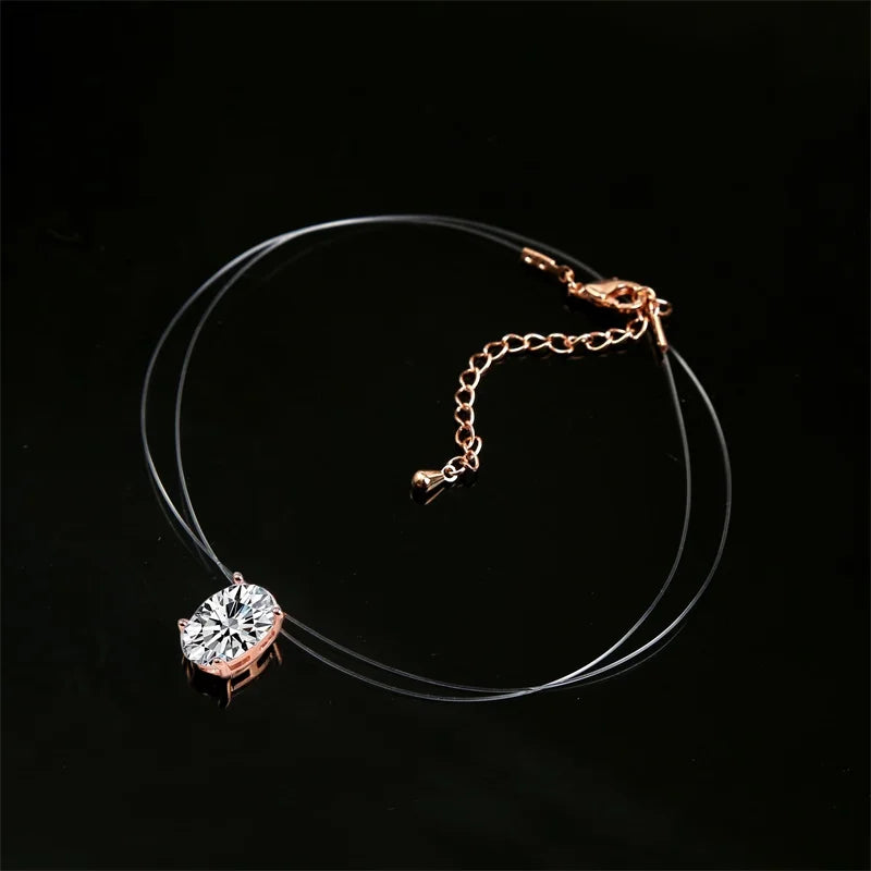 Collana di zirconi ovali AAA di lusso Bling Linea di pesca trasparente invisibile Girocollo Collane da donna Ciondolo ellittico Collier Femme
