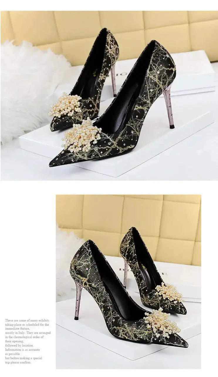 BIGTREE Scarpe Fiori di perle Décolleté da donna Tacchi alti con strass 2026 Nuove donne di lusso Tacchi a spillo Décolleté da donna di grandi dimensioni platinumshop