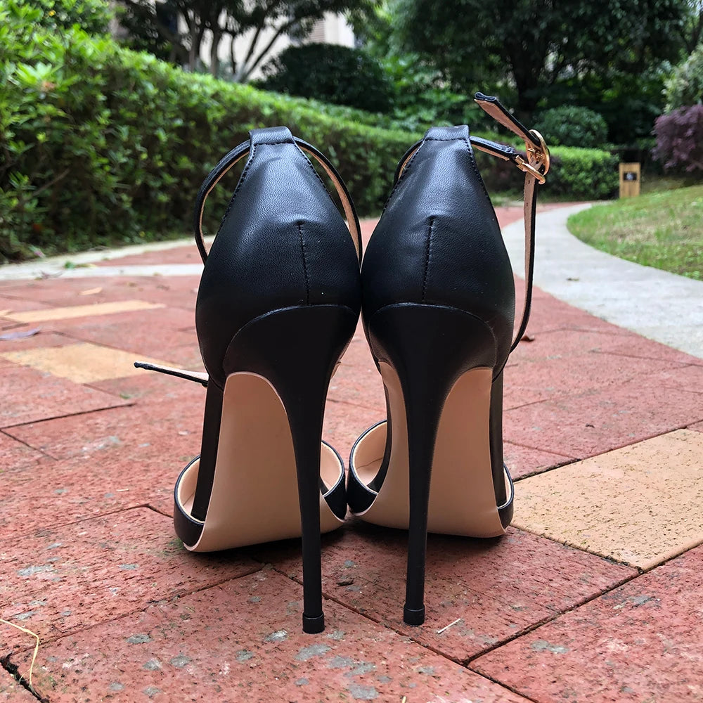 Tikicup Black Patent Pointed-Toe Stiletto Pumps Ankle Strap Elegant High Heel Dress Shoes for Women Evening Events, Office