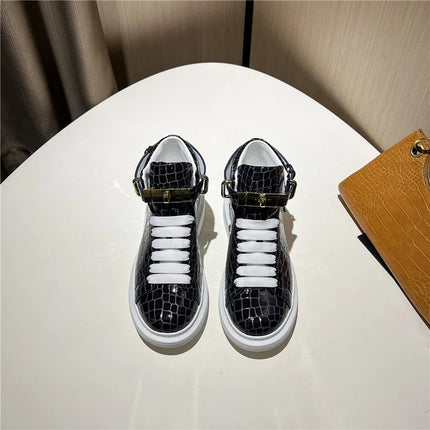 2026 Mid-Top Sneakers Men Alligator Pattern Round Toe Lock Decoration Lace Flats Glossy Cow Leather Casual Shoes