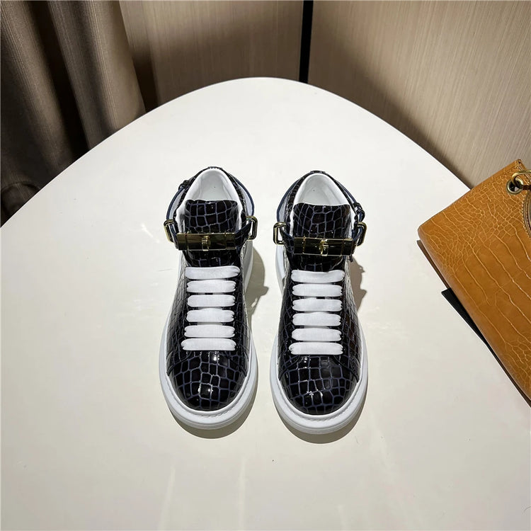 2026 Mid-Top Sneakers Men Alligator Pattern Round Toe Lock Decoration Lace Flats Glossy Cow Leather Casual Shoes