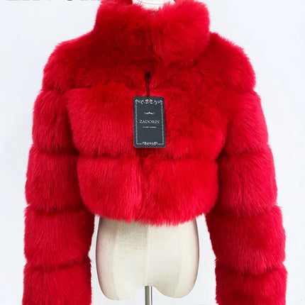 ZADORIN Fashion Cropped Faux Fur Coat Woman Warm Stand Fur Collar Slim Fluffy Fur Jacket Woman Tops Winter Fur Coats Streetwear