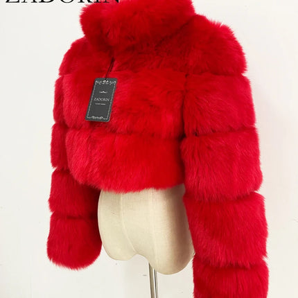 ZADORIN Fashion Cropped Faux Fur Coat Woman Warm Stand Fur Collar Slim Fluffy Fur Jacket Woman Tops Winter Fur Coats Streetwear