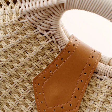 Women's Handmade Round Woven Natural Rattan Handbag Shoulder Bag Summer Beach Bag with Casual Bohemia Women's Clutch