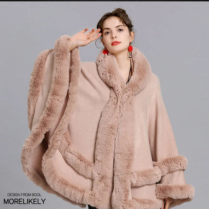 7 Colors Winter Shawl Warm Thick Cappa Coat Two Circle Faux Fox Fur Loose Poncho Cloak With Hat Women Big Pendulum Cardigan Cape