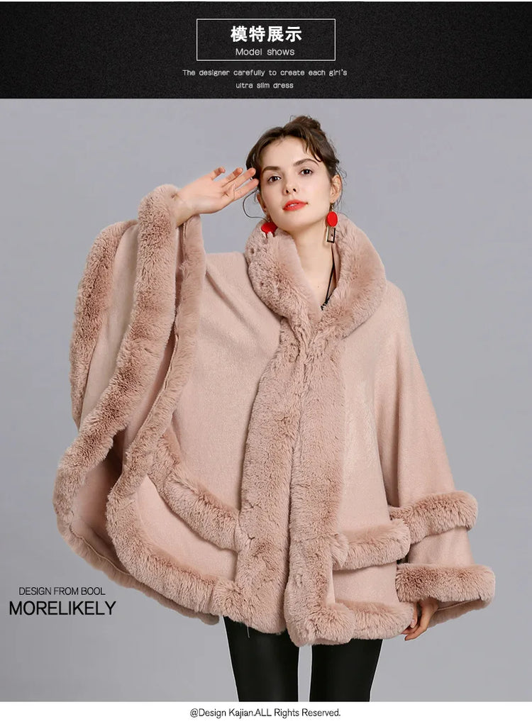 7 Colors Winter Shawl Warm Thick Cappa Coat Two Circle Faux Fox Fur Loose Poncho Cloak With Hat Women Big Pendulum Cardigan Cape