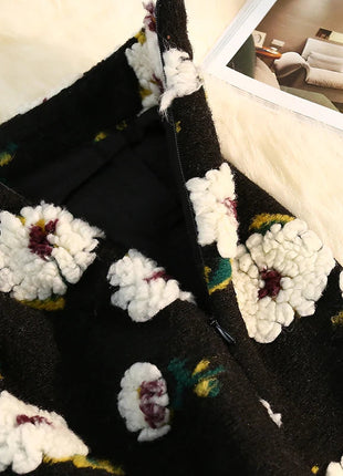Three Dimensional Flower Skirts Women Winter High Waist Woolen Thickened Long Skirt Female Autumn New PlatiNum