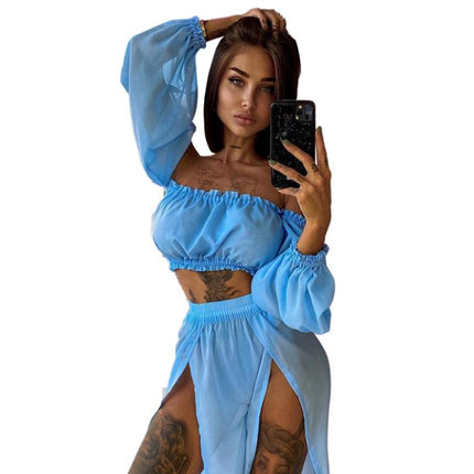 Set di abbigliamento moda estiva da donna, top a maniche lunghe con spalle scoperte e gonna copricostume in due pezzi per viaggi in vacanza al mare platinumshop