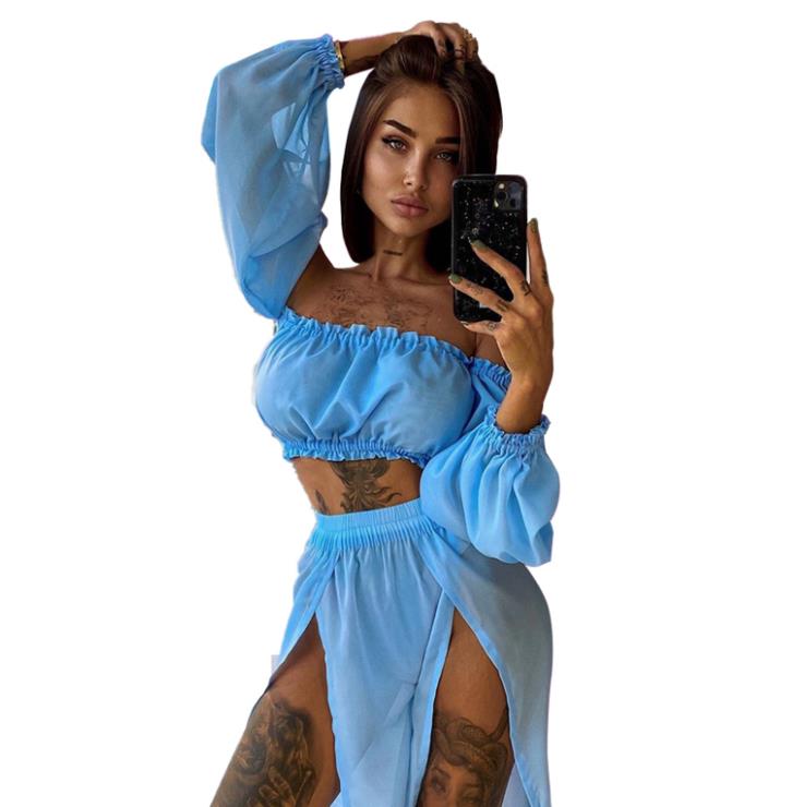 Set di abbigliamento moda estiva da donna, top a maniche lunghe con spalle scoperte e gonna copricostume in due pezzi per viaggi in vacanza al mare platinumshop