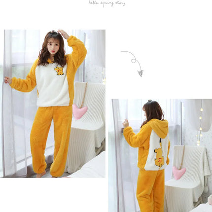 Jielur Warm Women Pajama Sets Winter Lady Long Sleeve Shirt+Pants Home suit Hooded Cartoon Print Thick Pijama Feminino