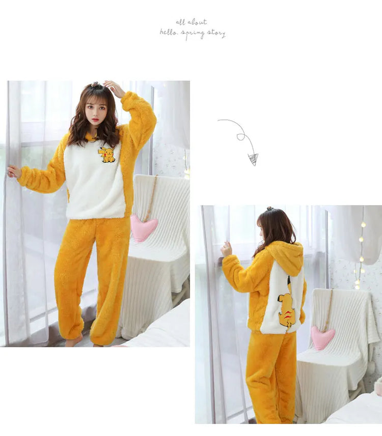 Jielur Warm Women Pajama Sets Winter Lady Long Sleeve Shirt+Pants Home suit Hooded Cartoon Print Thick Pijama Feminino
