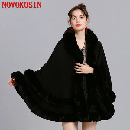 7 Colors Winter Shawl Warm Thick Cappa Coat Two Circle Faux Fox Fur Loose Poncho Cloak With Hat Women Big Pendulum Cardigan Cape