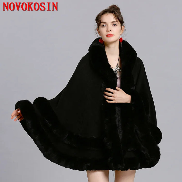 7 Colors Winter Shawl Warm Thick Cappa Coat Two Circle Faux Fox Fur Loose Poncho Cloak With Hat Women Big Pendulum Cardigan Cape