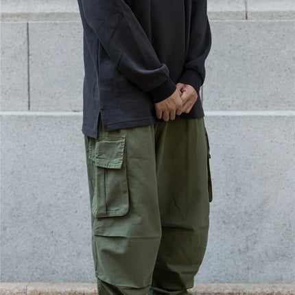 Multi-Pocket Cargo Pants Mens Safari Style Solid Color Pleated Loose Straight-leg Pants Elastic Waist Casual Trousers Men