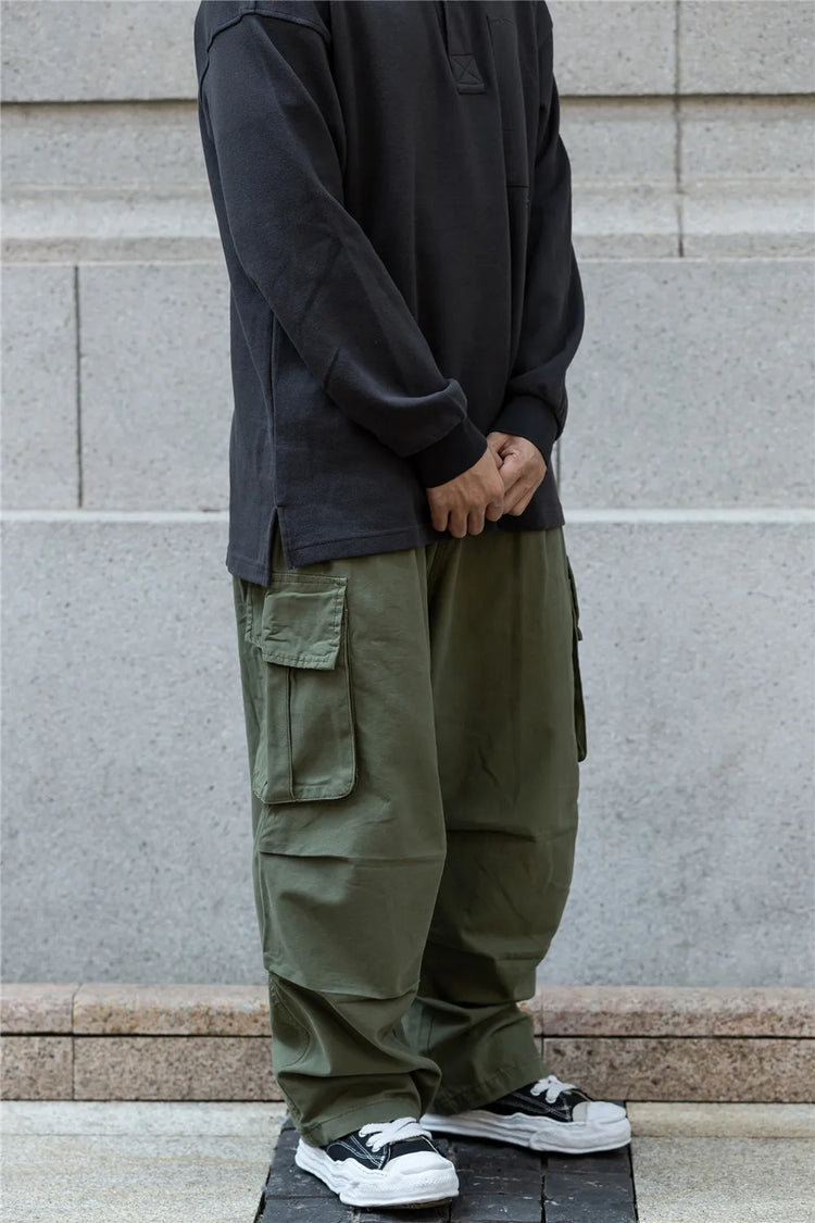 Multi-Pocket Cargo Pants Mens Safari Style Solid Color Pleated Loose Straight-leg Pants Elastic Waist Casual Trousers Men