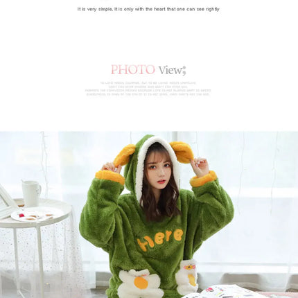 Jielur Warm Women Pajama Sets Winter Lady Long Sleeve Shirt+Pants Home suit Hooded Cartoon Print Thick Pijama Feminino