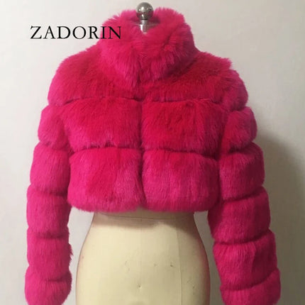 ZADORIN Fashion Cropped Faux Fur Coat Woman Warm Stand Fur Collar Slim Fluffy Fur Jacket Woman Tops Winter Fur Coats Streetwear