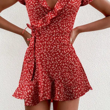 Women's Floal A-Line Summer Dress Sweet Elegant Floral Ruffle V-Neck Bandage Mini Dress for Women Chic Floral