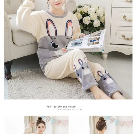 New 2025 Autumn Winter Warm Flannel Women Pijama Sets Thick Coral Velvet Long Sleeve Cute Sleepwear Set Thin Flannel Pajamas Set