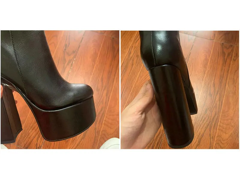 2021 Women Ankle Boots Platform Square High Heel Ladies Motorcycle Boots Faux Leather High High Quality Women's Boots Black