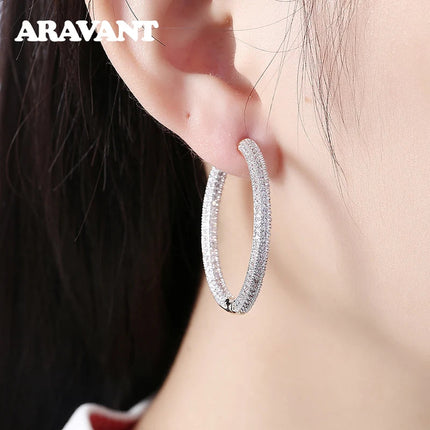925 Silver 34mm 18K Gold Circle Hoop Earrings For Women Fashion Wedding Jewelry PlatiNum