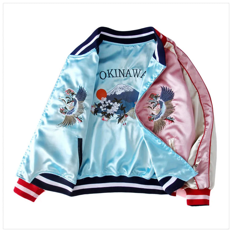 Double Sided Satin Baseball Jacket Women Sukajan Jacket Female Girls Embroidery Coat 2026 Spring Autumn Pink Z1A1