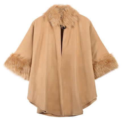 Elegant Women Winter Coats Batwing Fluffy Sleeve Cape Jacket Lady Woolen Overcoat Cape Fox Fur Collar Warm Ponchos Feminino