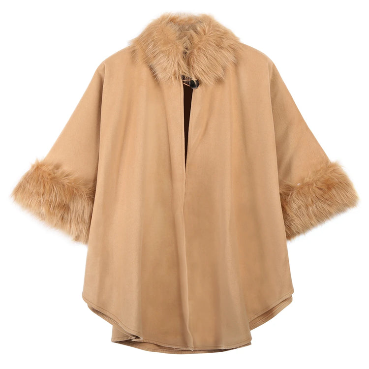 Elegant Women Winter Coats Batwing Fluffy Sleeve Cape Jacket Lady Woolen Overcoat Cape Fox Fur Collar Warm Ponchos Feminino