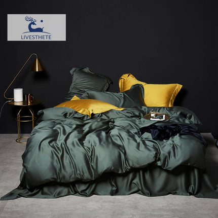 Liv-Esthete Set biancheria da letto in seta 100% verde scuro Set biancheria da letto in pura seta sana di lusso Queen King Copripiumino Lenzuolo piatto Federa Set biancheria da letto