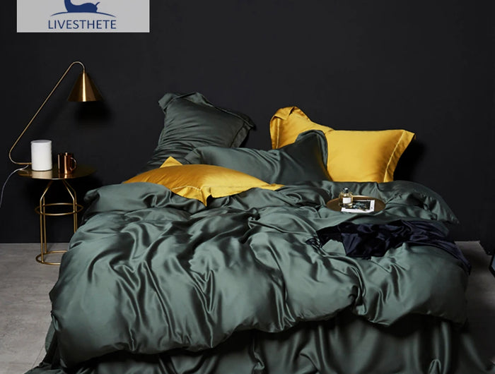 Liv-Esthete Set biancheria da letto in seta 100% verde scuro Set biancheria da letto in pura seta sana di lusso Queen King Copripiumino Lenzuolo piatto Federa Set biancheria da letto