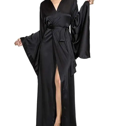2019 nuovi abiti solidi donna nero rosso manica lunga camicia da notte signore ragazze raso di seta liscio primavera pizzo indumenti da notte accappatoio femminile