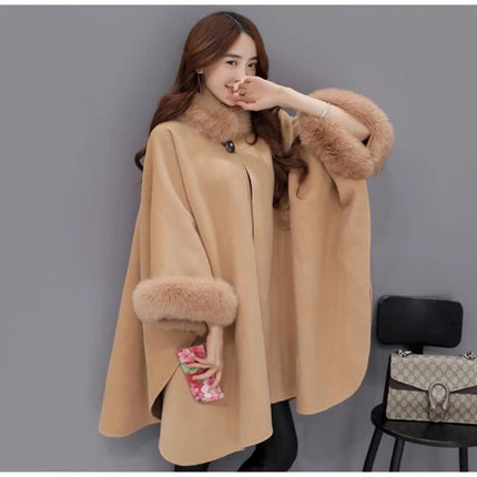 Elegant Women Winter Coats Batwing Fluffy Sleeve Cape Jacket Lady Woolen Overcoat Cape Fox Fur Collar Warm Ponchos Feminino