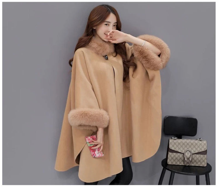 Elegant Women Winter Coats Batwing Fluffy Sleeve Cape Jacket Lady Woolen Overcoat Cape Fox Fur Collar Warm Ponchos Feminino