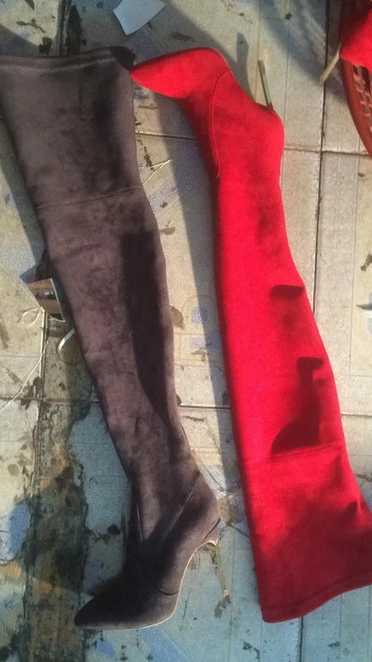 Over The Knee Suede Slim Boots Stretch Fabric Metal Thin High Heel Sexy Pointed Slip On Winter Women Shoes Solid Sexy Boots