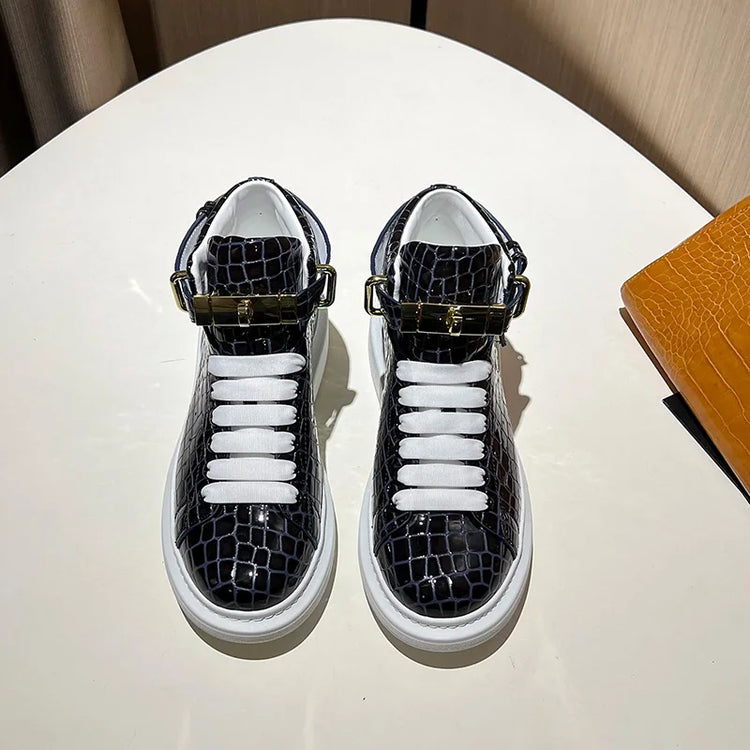 2026 Mid-Top Sneakers Men Alligator Pattern Round Toe Lock Decoration Lace Flats Glossy Cow Leather Casual Shoes