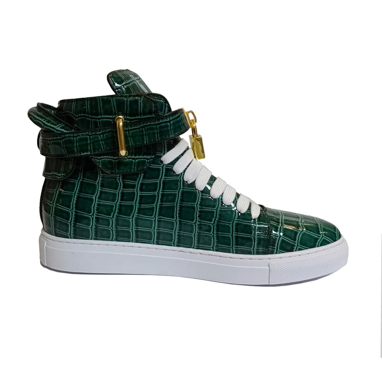 Luxury Designer Men Crocodile Pattern High Top Sneakers Glossy Patent Leather Gold Buckle Lace-up Casual Street Shoes Footwear